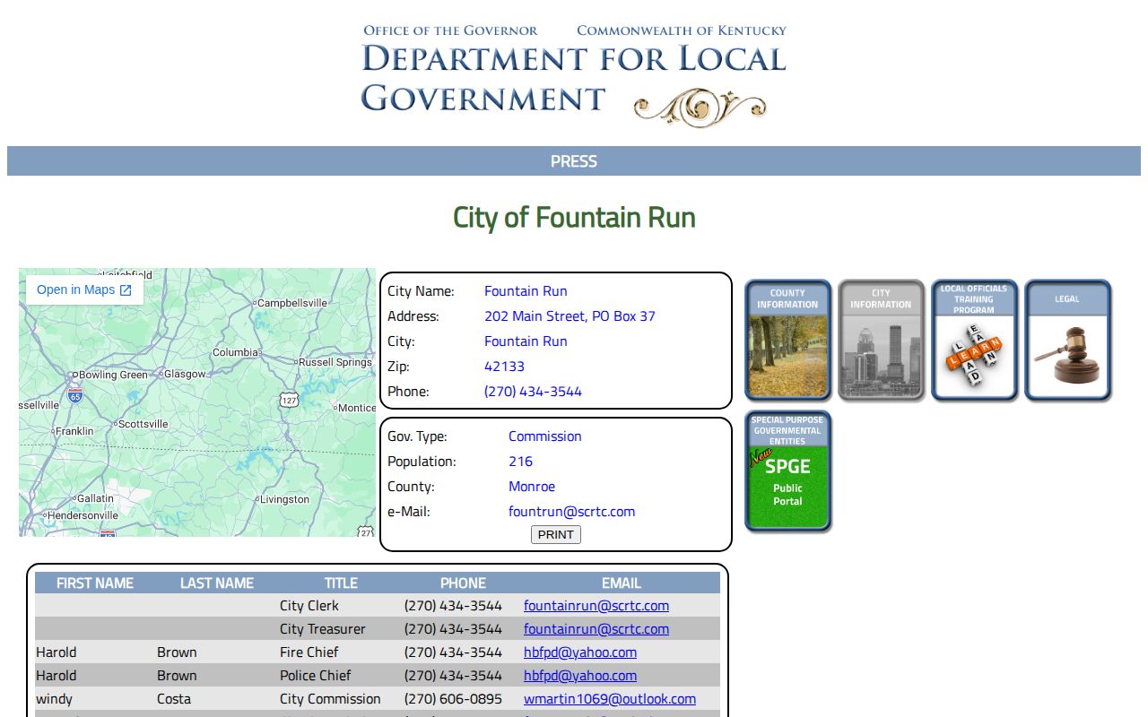 Fountain Run police and city record contact in Monroe County