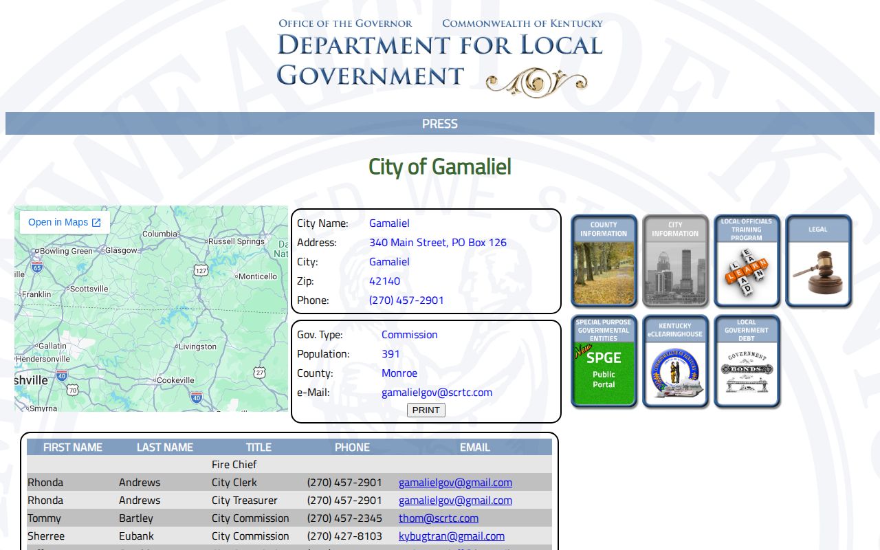 Gamaliel police and city record contact in Monroe County